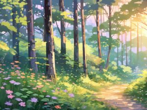 Sun-Kissed Enchanted Forest Path Anime Art #3 (Instant Download)